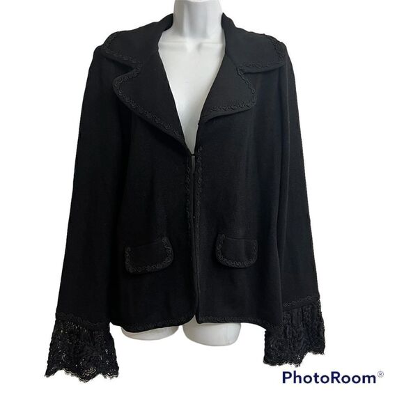 Escada Vintage Black Virgin Wool Evening Jacket French Lace cuffs Sz 44 Large - Picture 2 of 12